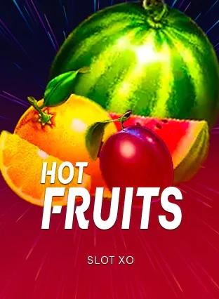รูปปก Hot Fruits ผลไม้แตงโมและส้มสีสดบนพื้นแดง