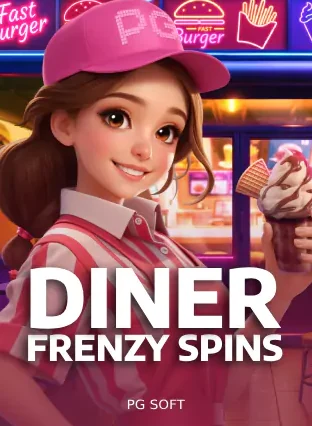 ปกเกม Diner Frenzy Spins พนักงานสาวเสิร์ฟสวมหมวกสีชมพู