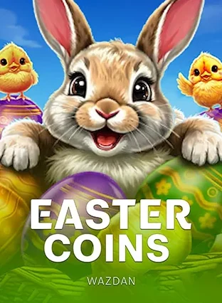ปกเกมสล็อต Easter Coins กระต่ายอีสเตอร์ท่ามกลางเหรียญทองและลูกเจี๊ยบ